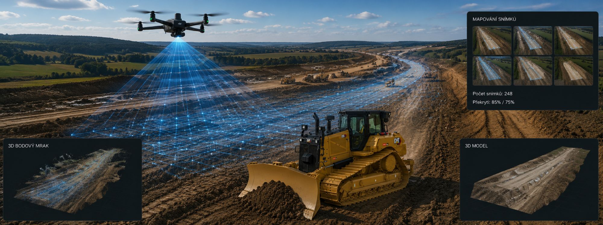 Dron z Půjčovny strojů Zeppelin CZ při mapování terénu pro 3D model
